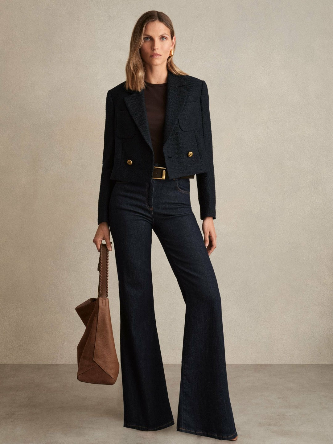 Double-Breasted Textured Cropped Blazer with Wool and Cotton Navy | Womens