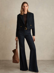 Double-Breasted Textured Cropped Blazer with Wool and Cotton Navy | Womens