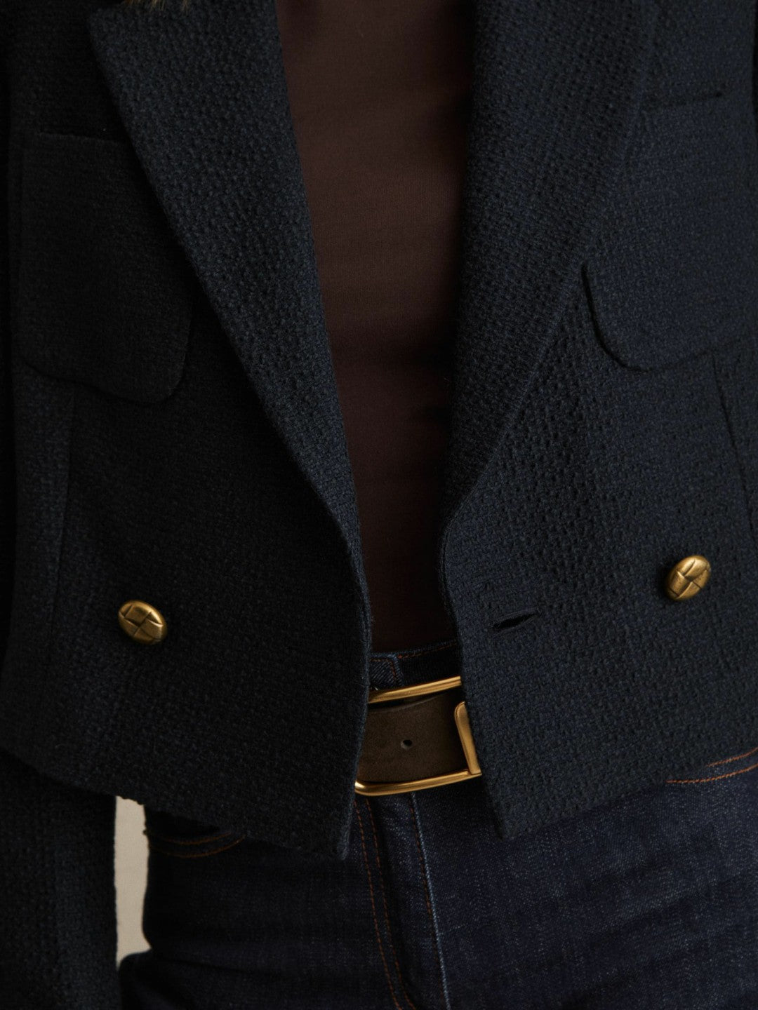 Double-Breasted Textured Cropped Blazer with Wool and Cotton Navy | Womens