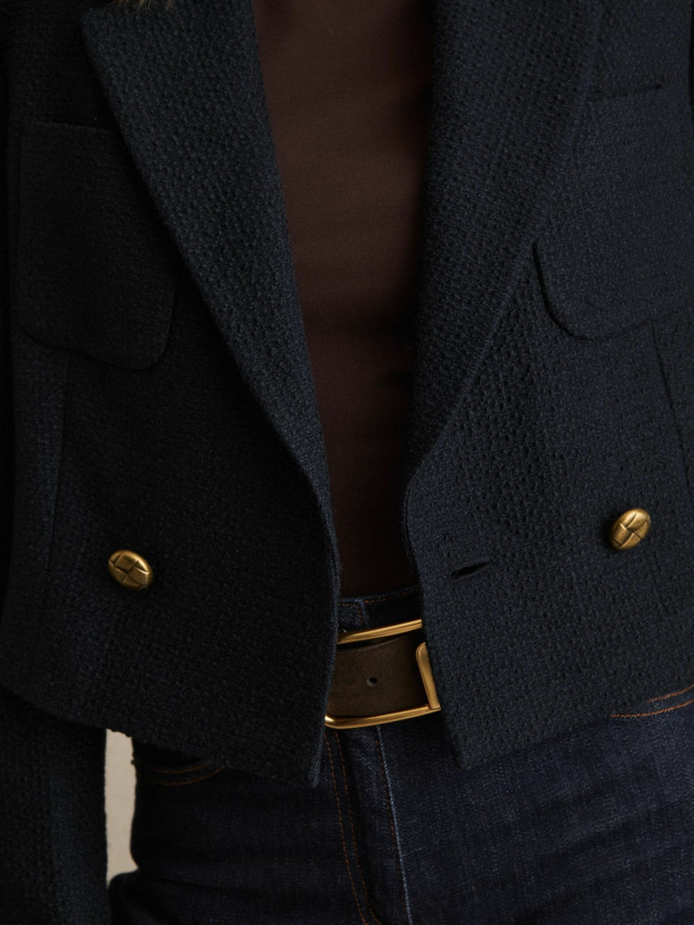 Double-Breasted Textured Cropped Blazer with Wool and Cotton Navy | Womens
