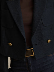Double-Breasted Textured Cropped Blazer with Wool and Cotton Navy | Womens