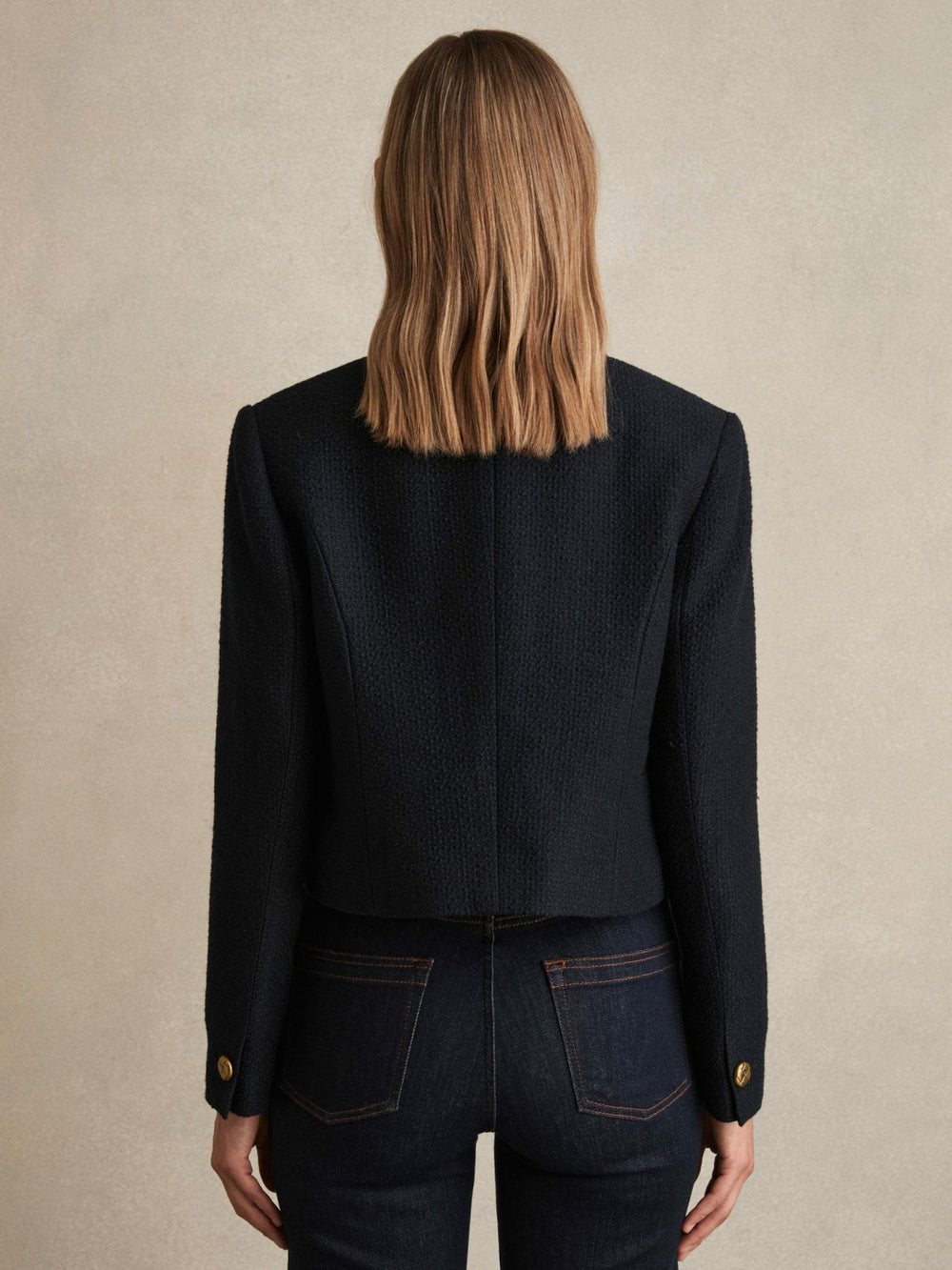 Double-Breasted Textured Cropped Blazer with Wool and Cotton Navy | Womens