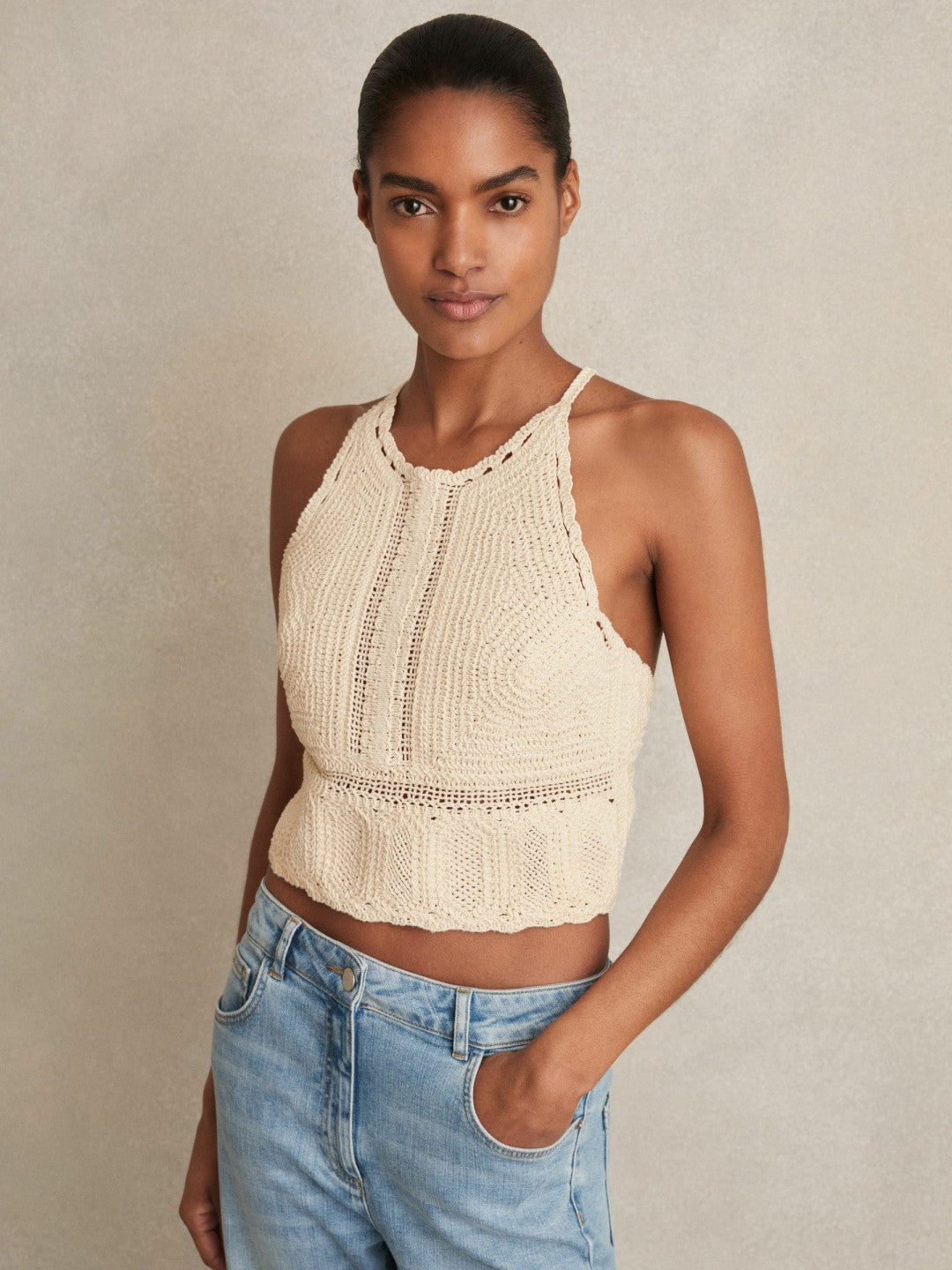 Cotton Crochet Tie-Back Cropped Top Cream | Womens