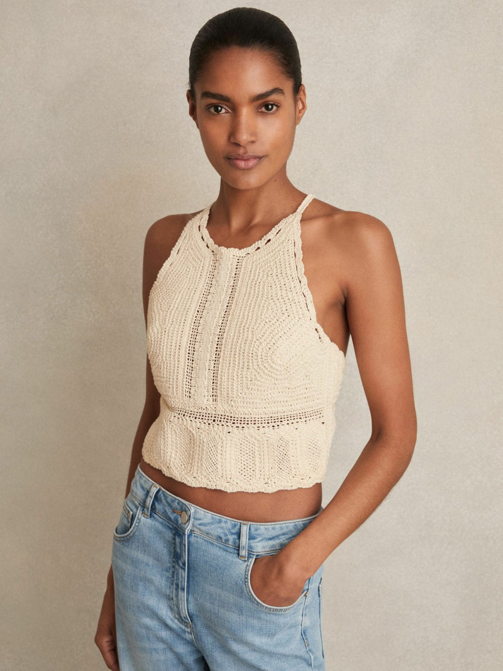 Cotton Crochet Tie-Back Cropped Top Cream | Womens