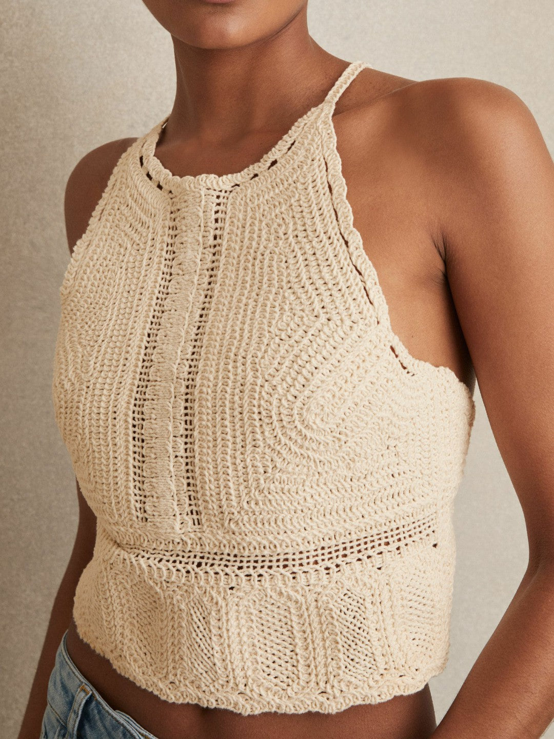 Cotton Crochet Tie-Back Cropped Top Cream | Womens