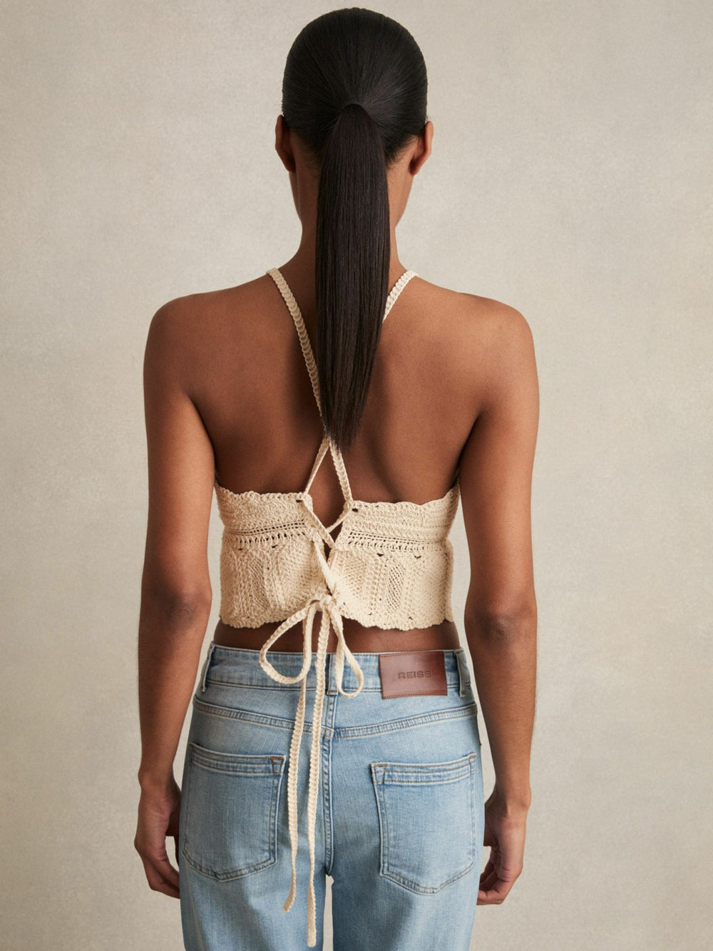 Cotton Crochet Tie-Back Cropped Top Cream | Womens