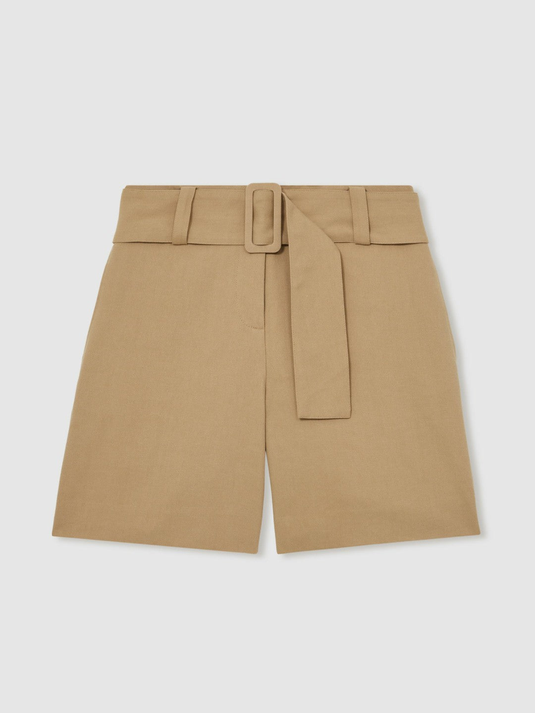 Cotton-Blend Belted Shorts With Linen Camel | Womens