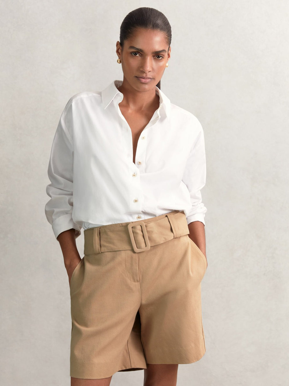 Cotton-Blend Belted Shorts With Linen Camel | Womens