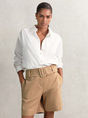 Cotton-Blend Belted Shorts With Linen Camel | Womens