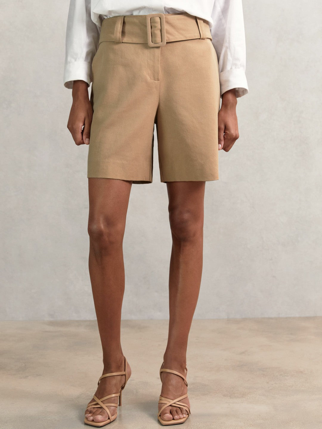 Cotton-Blend Belted Shorts With Linen Camel | Womens