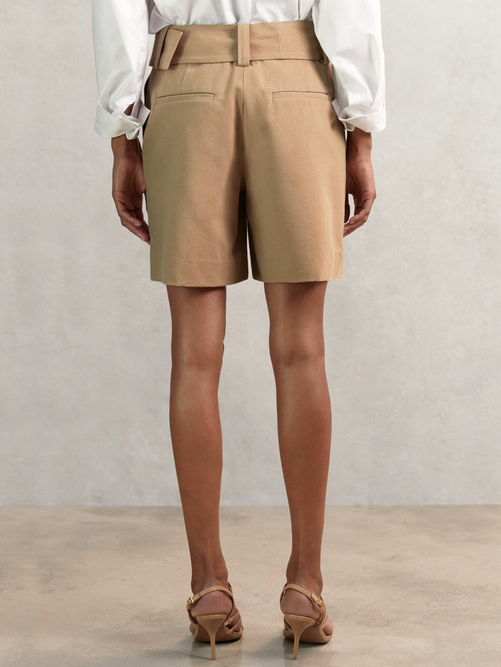 Cotton-Blend Belted Shorts With Linen Camel | Womens