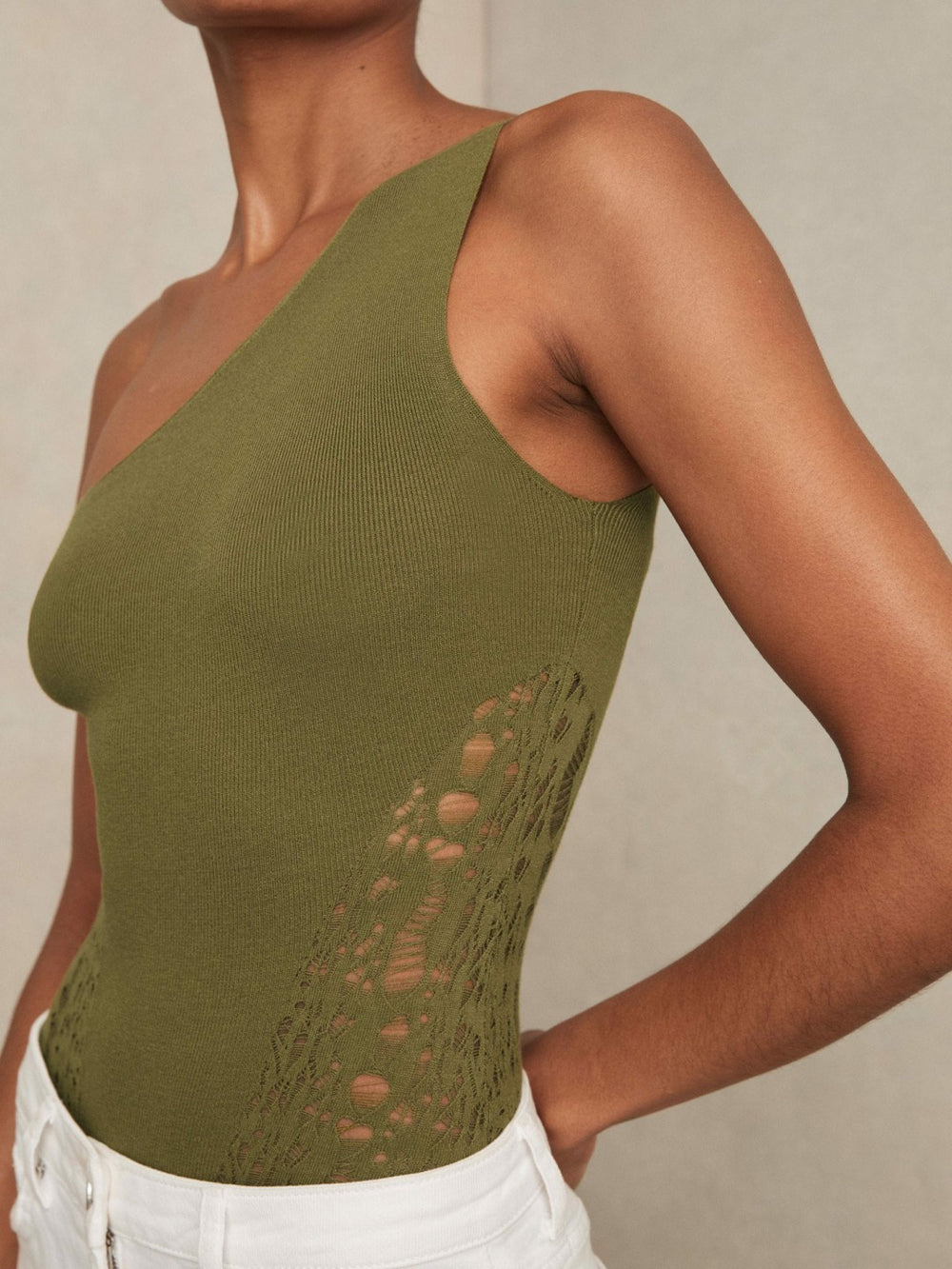Lace-Knit Detail One-Shoulder Bodysuit Green | Womens