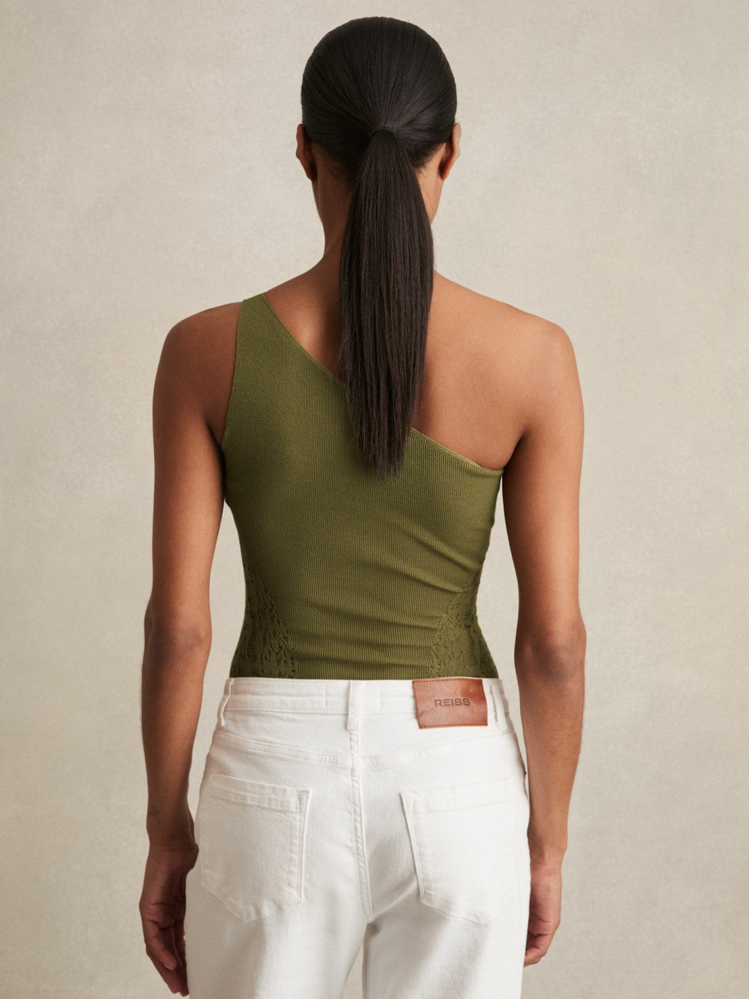Lace-Knit Detail One-Shoulder Bodysuit Green | Womens