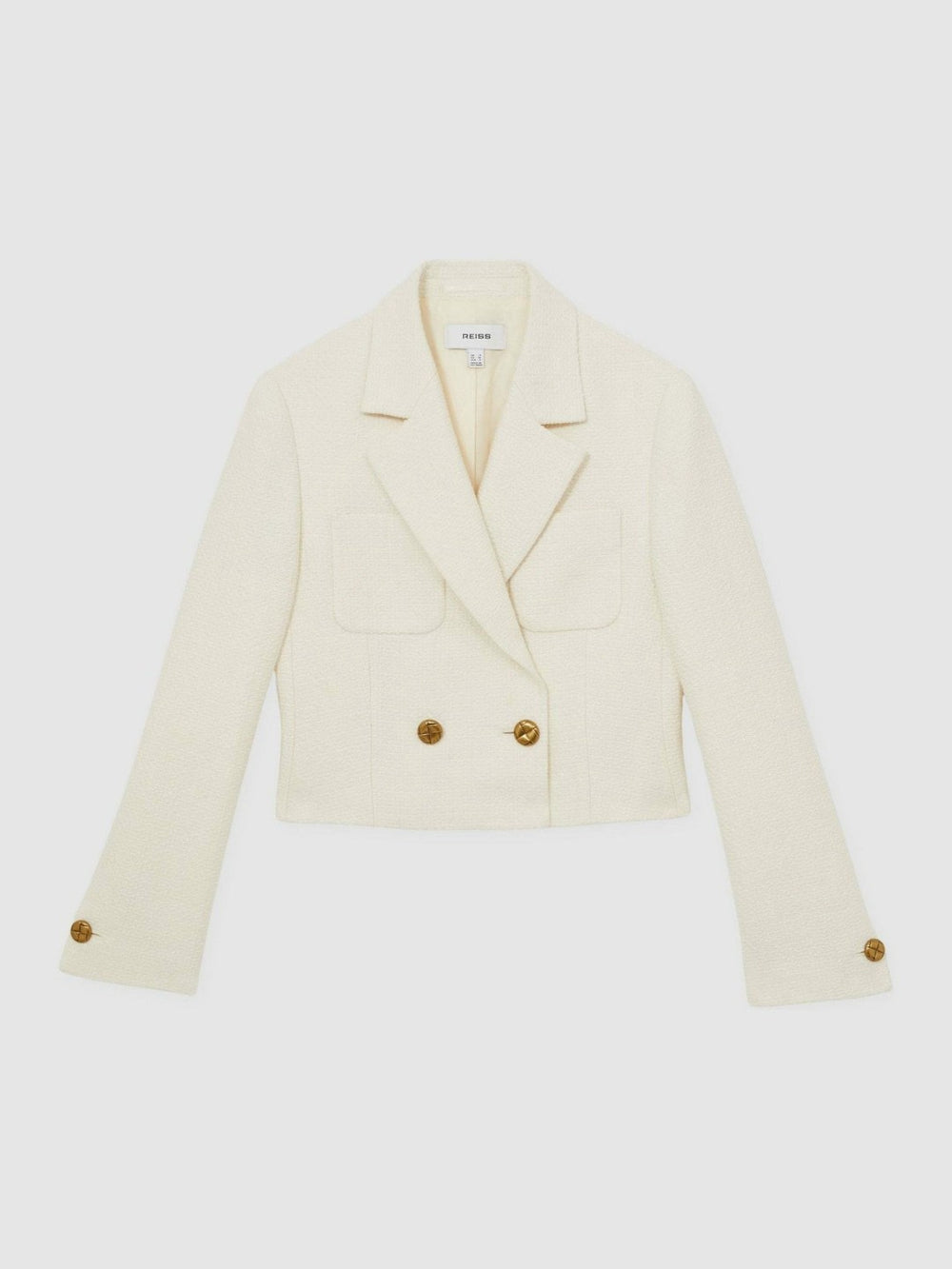 Double-Breasted Textured Cropped Blazer with Wool and Cotton White | Womens
