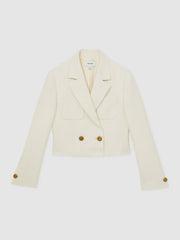 Double-Breasted Textured Cropped Blazer with Wool and Cotton White | Womens