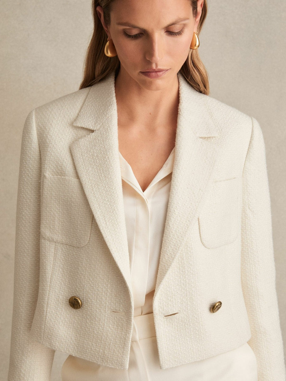 Double-Breasted Textured Cropped Blazer with Wool and Cotton White | Womens