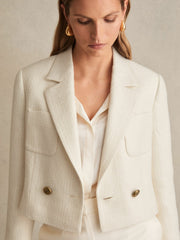 Double-Breasted Textured Cropped Blazer with Wool and Cotton White | Womens