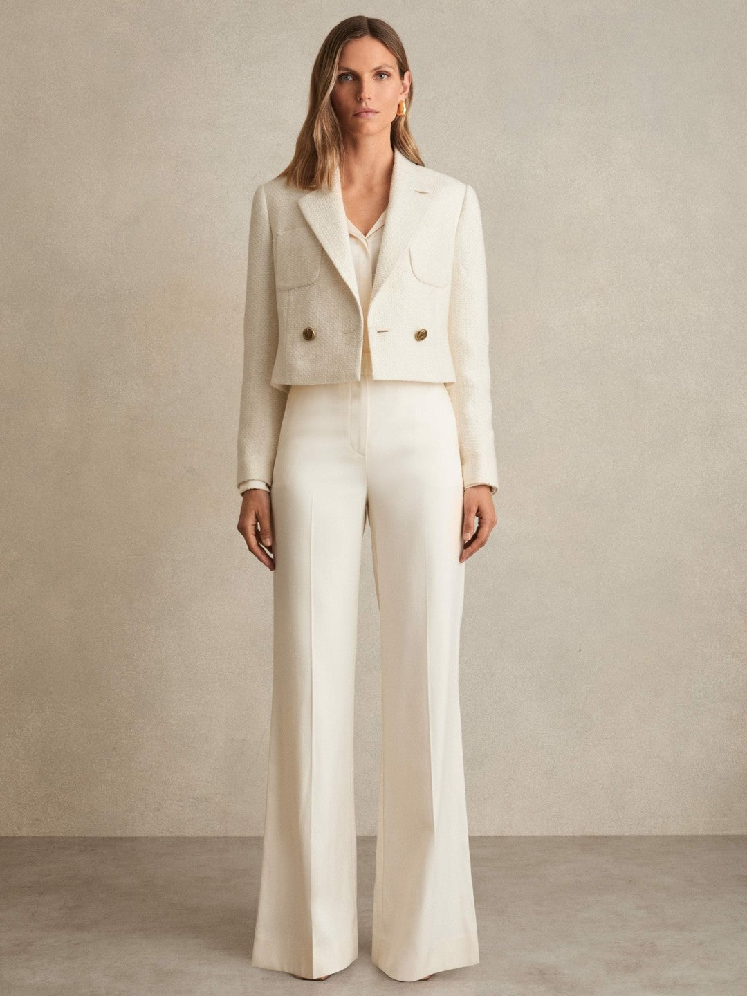 Double-Breasted Textured Cropped Blazer with Wool and Cotton White | Womens