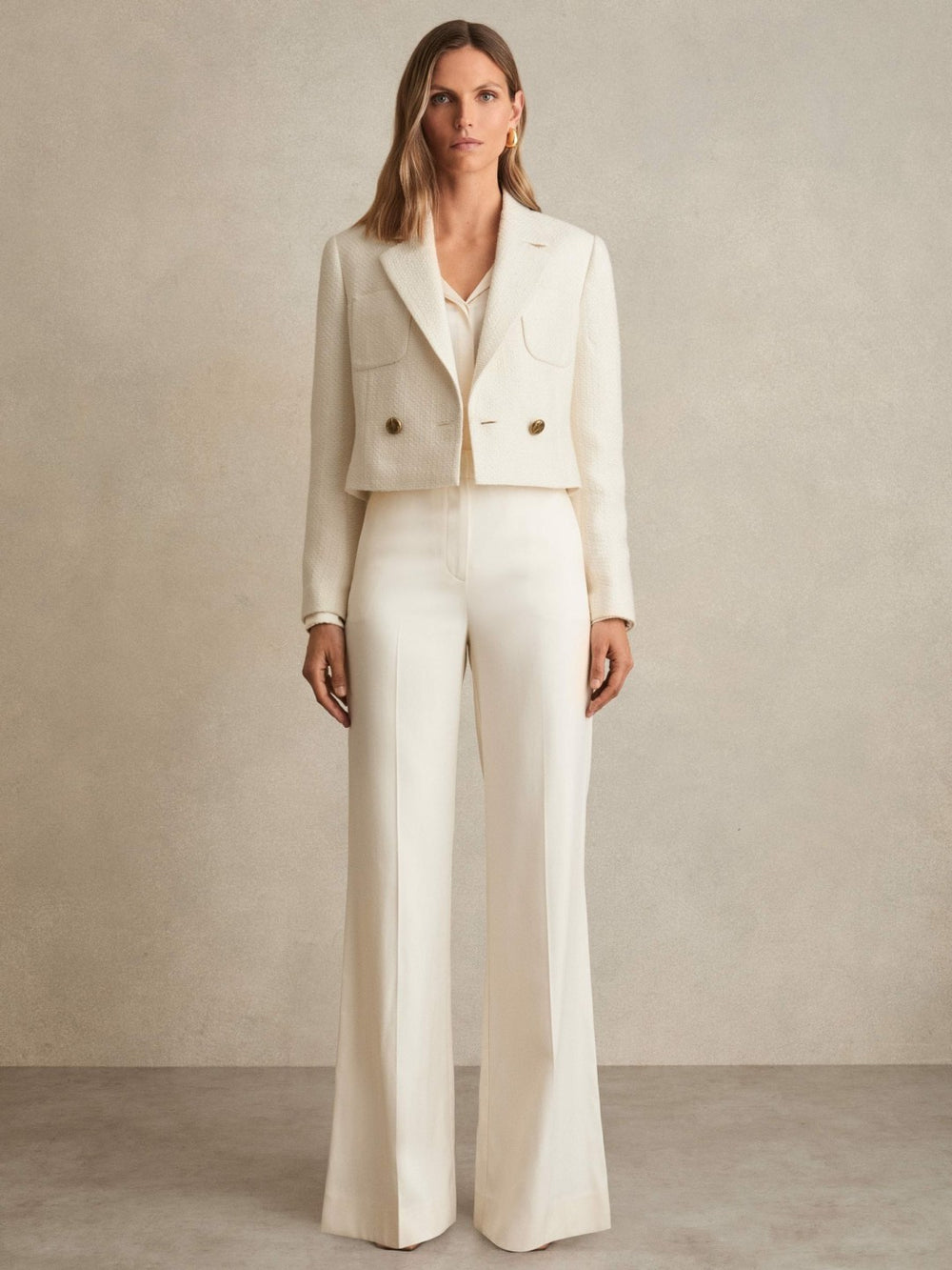 Double-Breasted Textured Cropped Blazer with Wool and Cotton White | Womens