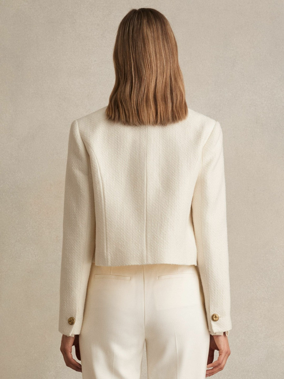 Double-Breasted Textured Cropped Blazer with Wool and Cotton White | Womens