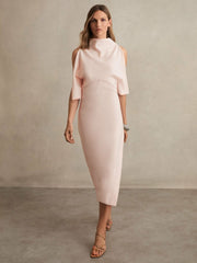 Draped-Front High-Neck Midi Dress Pale Pink | Womens