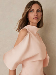 Draped-Front High-Neck Midi Dress Pale Pink | Womens