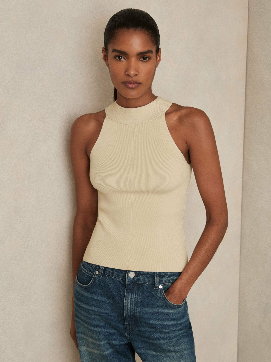 Rib Knit High Neck Vest Ivory | Womens