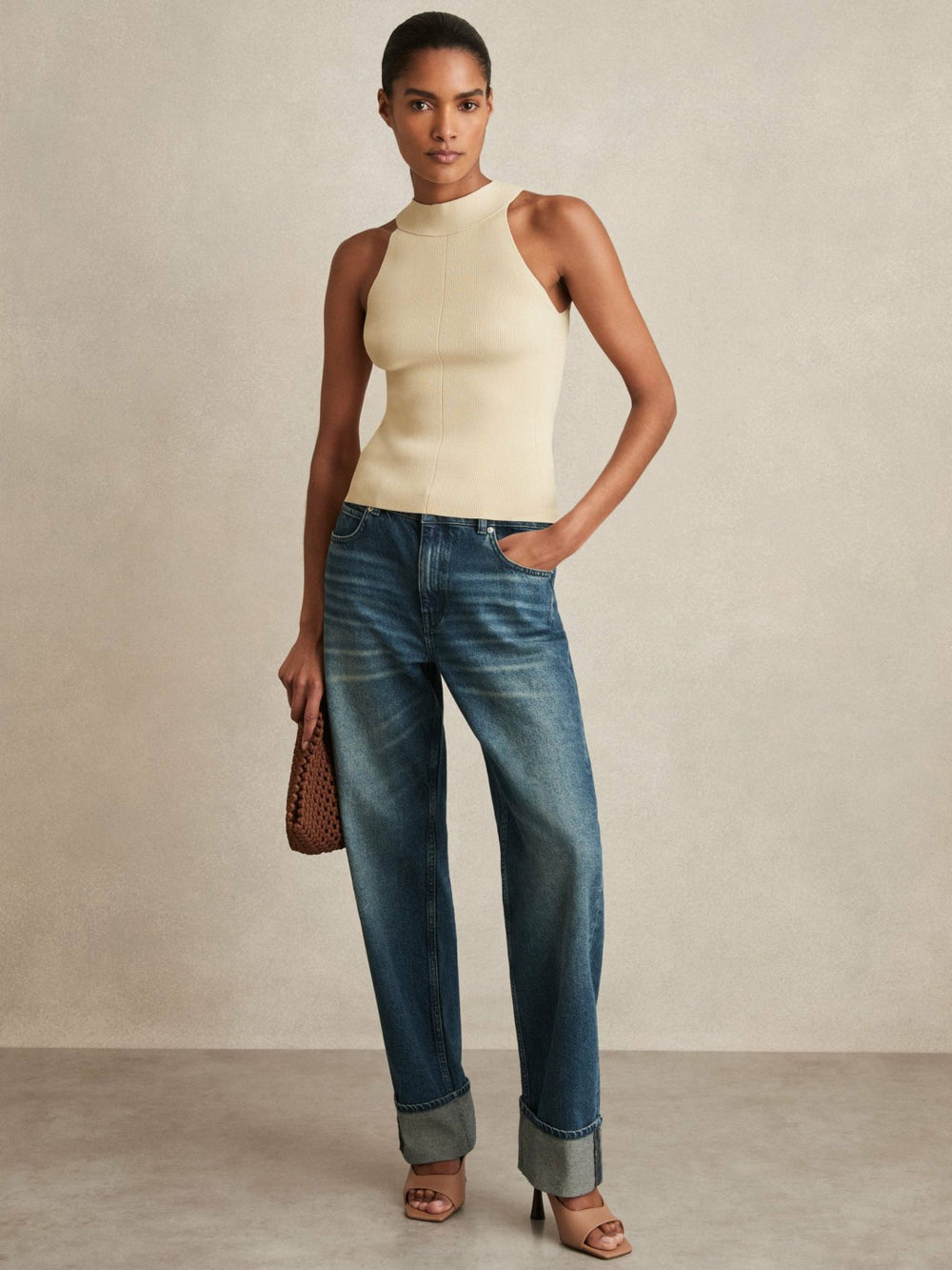 Rib Knit High Neck Vest Ivory | Womens