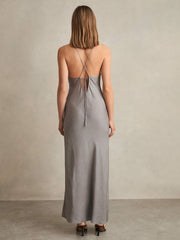 Crushed Satin Tie Back Slip Dress Grey | Womens