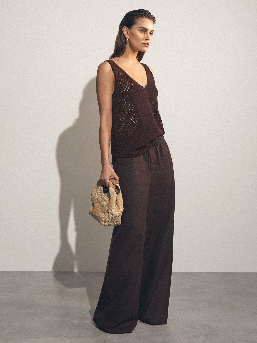 Cotton Blend Open Knit Vest Chocolate Brown | Womens