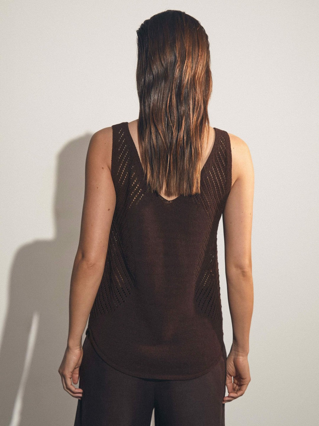 Cotton Blend Open Knit Vest Chocolate Brown | Womens