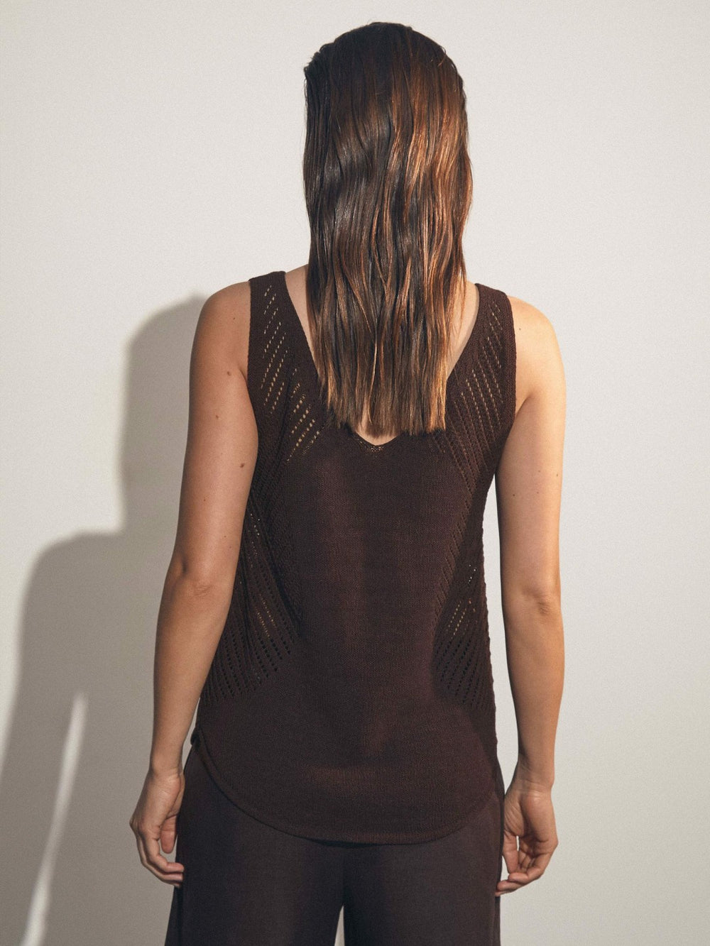 Cotton Blend Open Knit Vest Chocolate Brown | Womens
