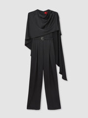 Halston Crepe Wide Leg Cape Jumpsuit Black | Womens