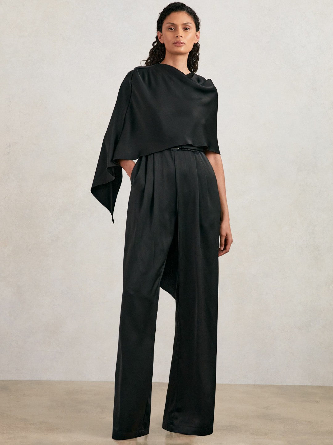 Halston Crepe Wide Leg Cape Jumpsuit Black | Womens
