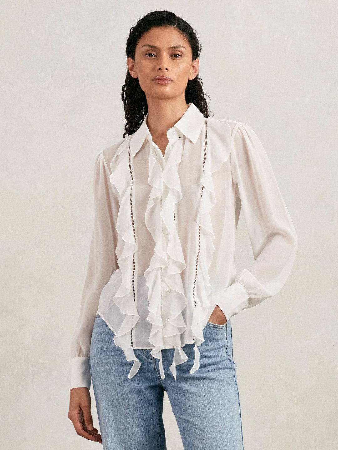 Paige Silk Georgette Ruffle Trim Shirt White | Womens