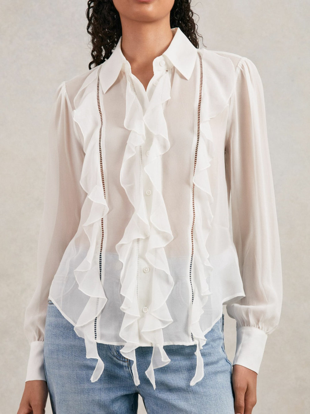 Paige Silk Georgette Ruffle Trim Shirt White | Womens