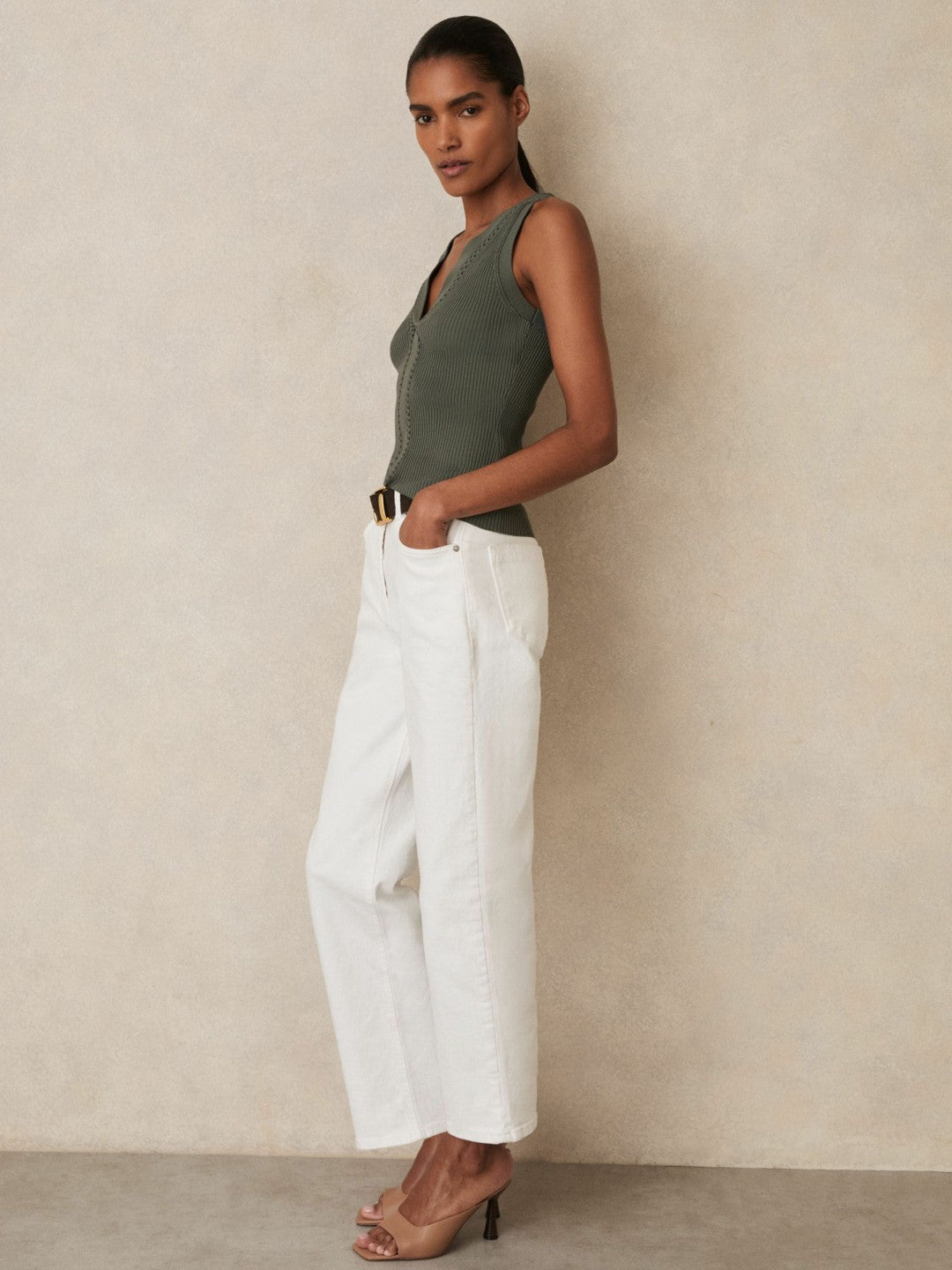 Craft-Stitch Rib-Knit Vest Khaki Green | Womens