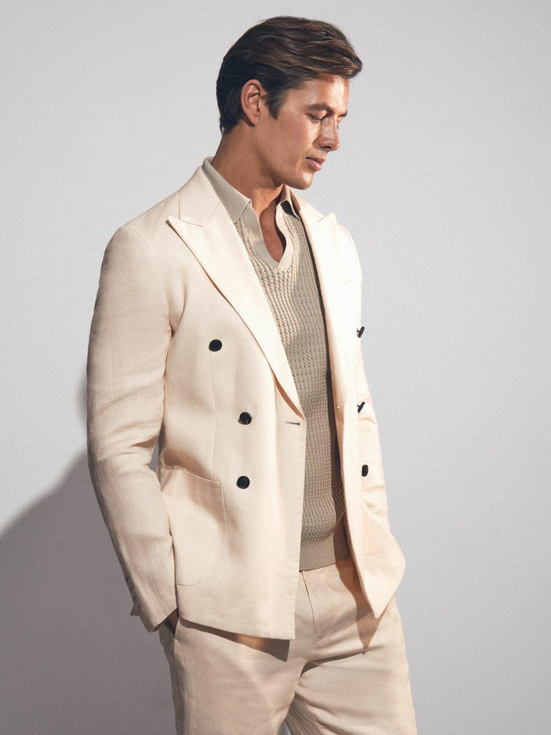 Linen Double-Breasted Suit Slim-Fit Blazer Stone | Mens