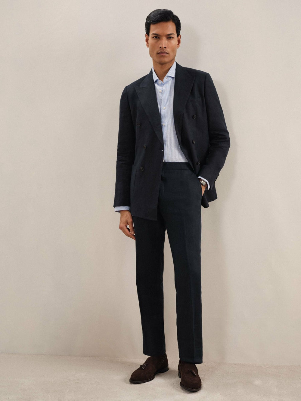 Linen Double-Breasted Suit Slim-Fit Blazer Navy | Mens