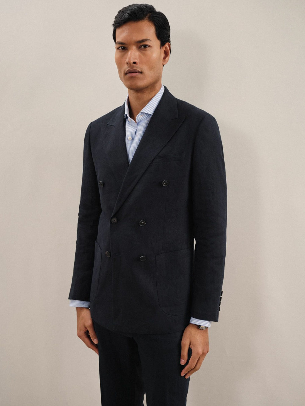 Linen Double-Breasted Suit Slim-Fit Blazer Navy | Mens
