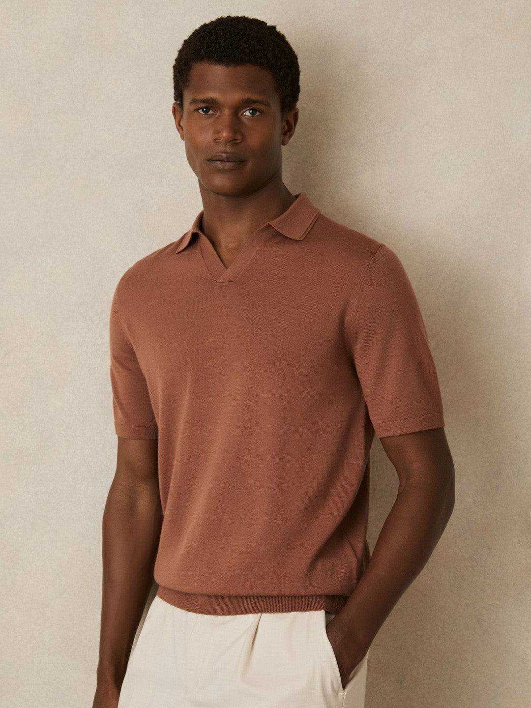 Merino Wool Open Collar Polo Shirt Cinnamon Brown | Mens