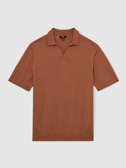 Merino Wool Open Collar Polo Shirt Cinnamon Brown | Mens