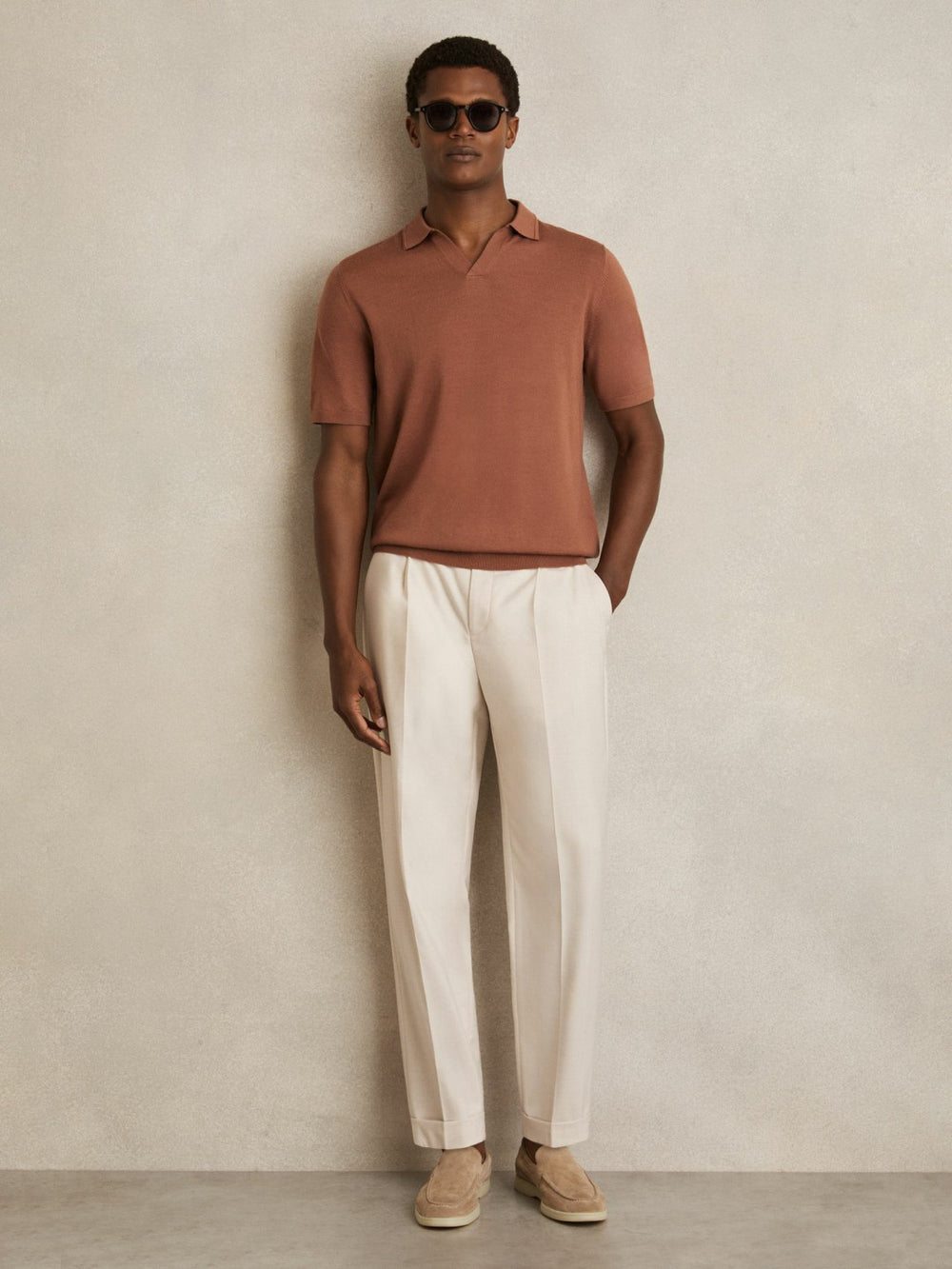 Merino Wool Open Collar Polo Shirt Cinnamon Brown | Mens