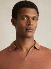 Merino Wool Open Collar Polo Shirt Cinnamon Brown | Mens