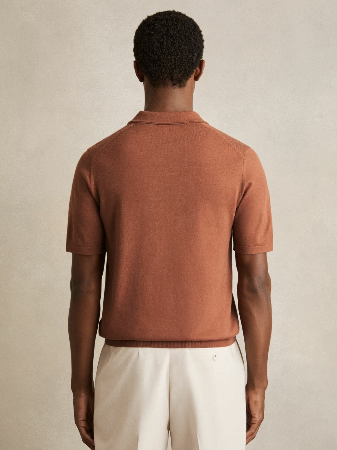 Merino Wool Open Collar Polo Shirt Cinnamon Brown | Mens