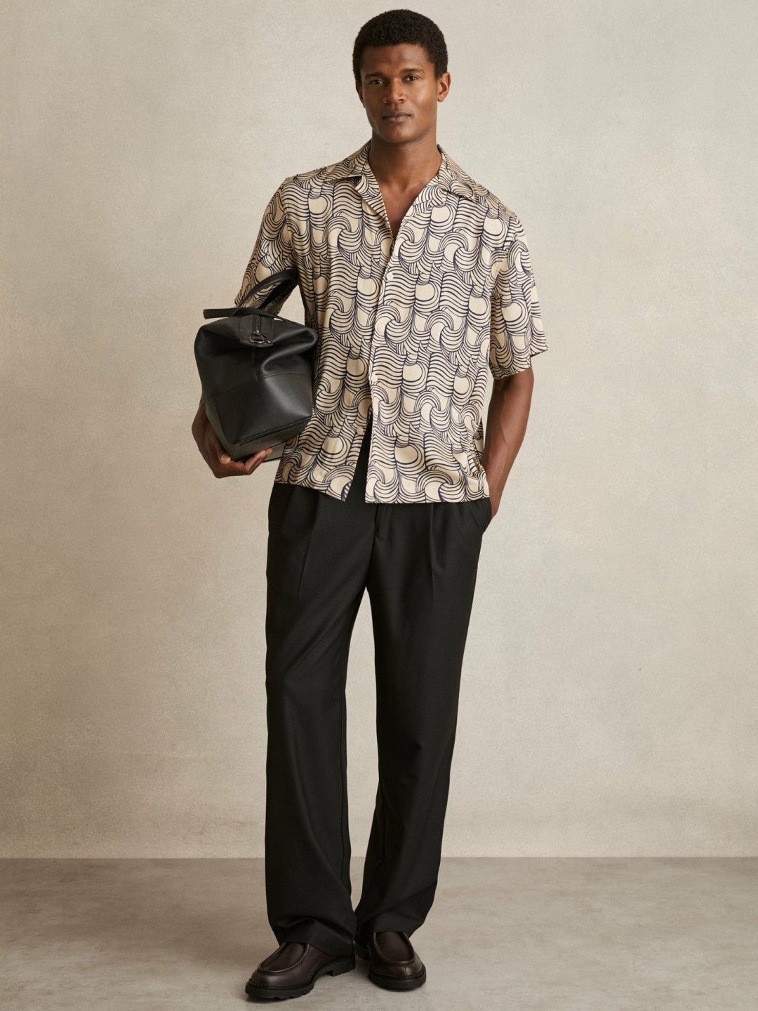 Wave Print Cuban Collar Shirt Off White/Navy | Mens