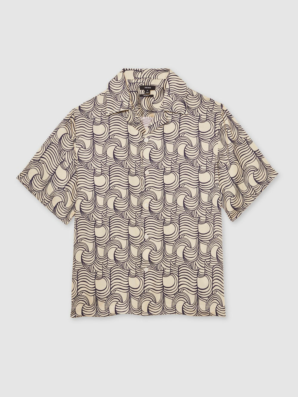 Wave Print Cuban Collar Shirt Off White/Navy | Mens