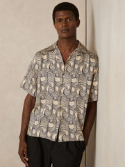 Wave Print Cuban Collar Shirt Off White/Navy | Mens