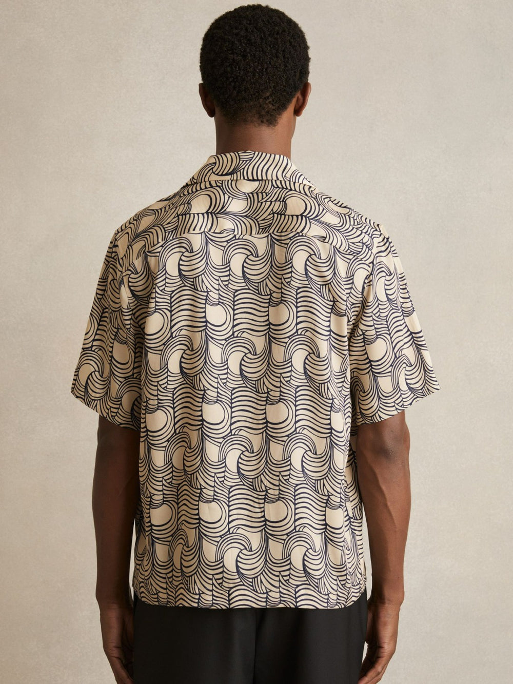 Wave Print Cuban Collar Shirt Off White/Navy | Mens