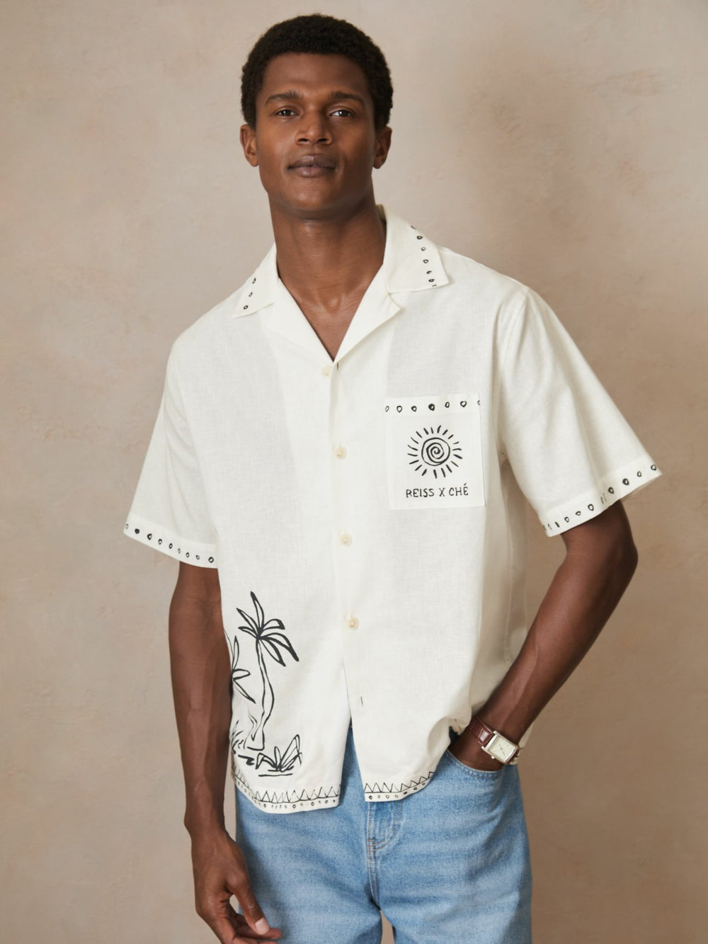 | Ché Cotton-Linen Palm Shirt White | Mens